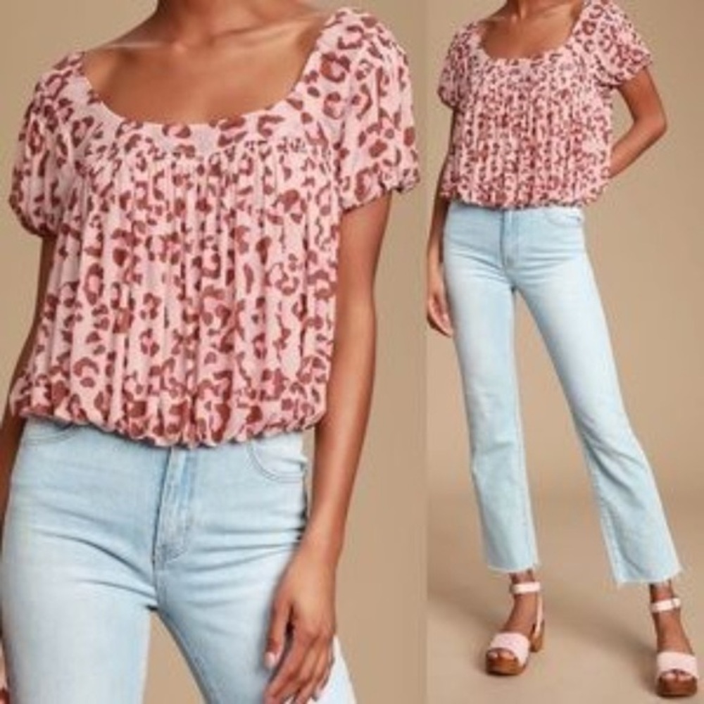 NWOT Free People Megs Blouse Blush Leopard Top